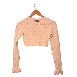 Edikted Delana Embroidered Crop Top White Knit Fluted Long Sleeves XS